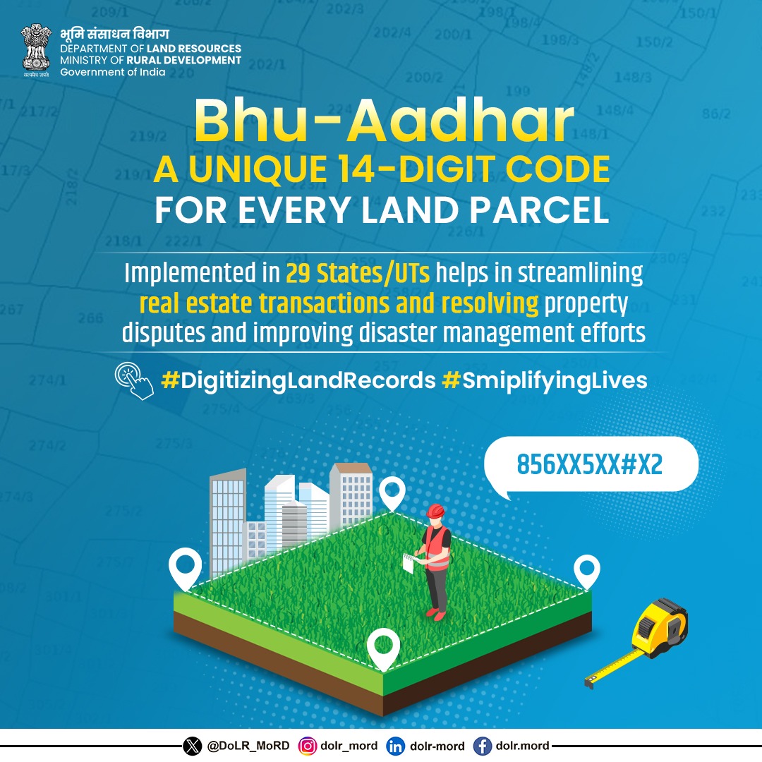 DoLR_MoRD's tweet image. The ULPIN or "Bhu-Aadhar" provides a 14-digit alphanumeric code for each #landparcel, based on its geo-coordinates. This supports effective #propertydocumentation across the nation. 

#DigitalLandReforms #DILRMP #LandRecords #DigitizationOfLandRecords #BhuAadhar #GeoCoordinates