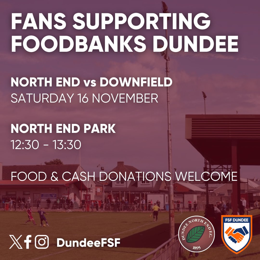 Fans Supporting Foodbanks Dundee (@dundeefsf) on Twitter photo NORTH END FOODBANK🥫
⚽️ <a href="/_Dokens1895/">Dundee North End Football Club</a> vs <a href="/ClubDownfield/">Downfield Junior Football Club</a>
We are asking fans of both teams to bring a small bag of foodbank items to the game today!
Please help us support Hilltown Community Larder 🤝 NORTH END FOODBANK🥫
⚽️ <a href="/_Dokens1895/">Dundee North End Football Club</a> vs <a href="/ClubDownfield/">Downfield Junior Football Club</a>
We are asking fans of both teams to bring a small bag of foodbank items to the game today!
Please help us support Hilltown Community Larder 🤝