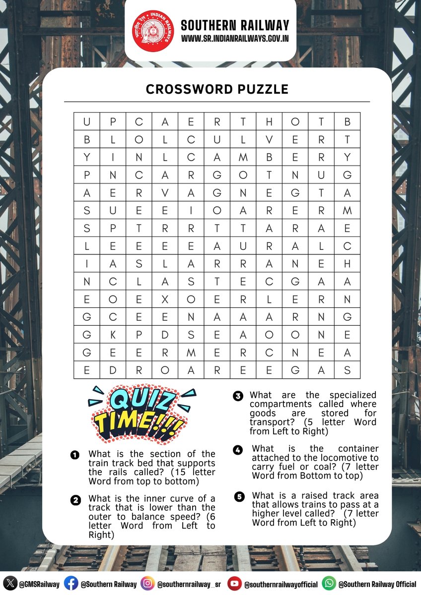 GMSRailway's tweet photo. 🚂Time for a Railway Crossword Challenge! 🧩✨

Test your railway knowledge with these tricky terms!💡

Can you solve all five clues related to the rail world?

Stay tuned for answers tomorrow! 🔍👀

#RailwayTrivia #TrainLovers #CrosswordChallenge #RailKnowledge #SouthernRailway https://t.co/QKJNKwLixA