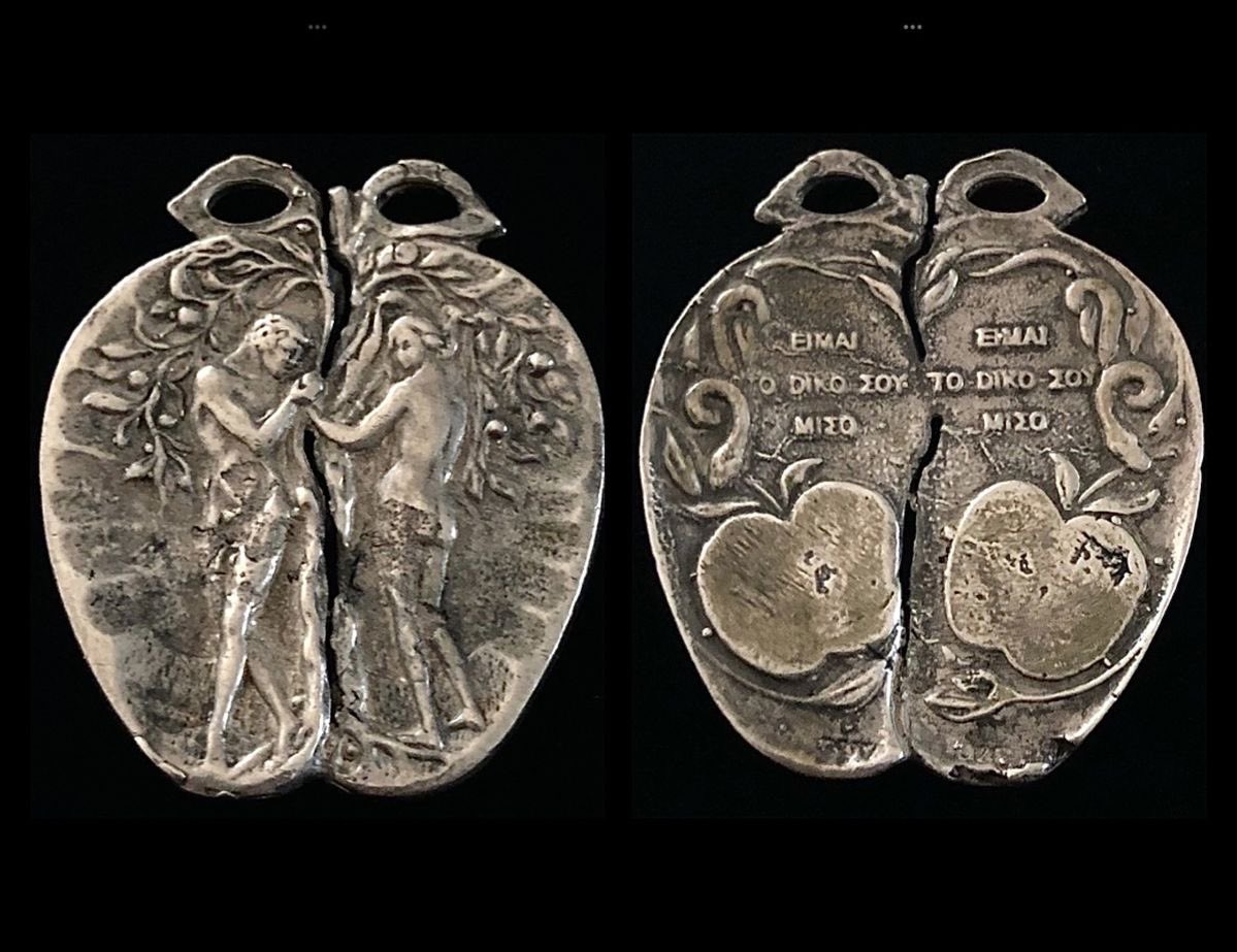 seraphicmaria's tweet photo. antique Adam and Eve pendant, “i am your half” https://t.co/SegfmOB8bB