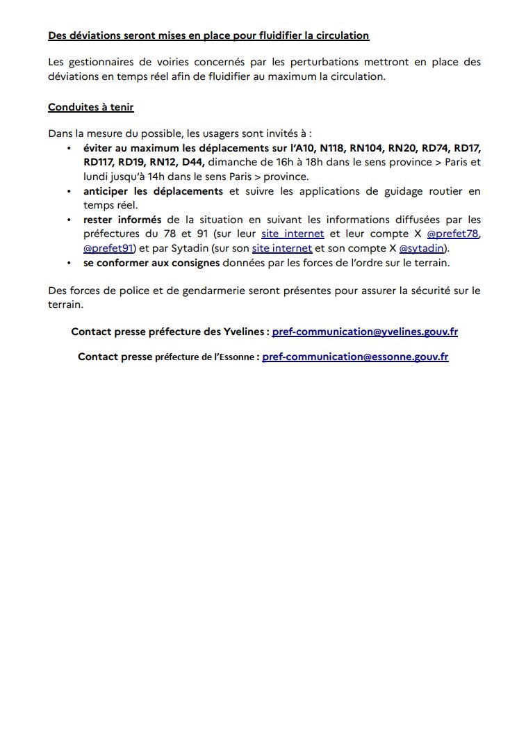 Communiqué | Manifestation des agriculteurs d’Ile-de-France à partir de dimanche 17 novembre 2024 : Point sur les axes impactés 🛣️
ℹ️Les préfectures des #Yvelines et de l'#Essonne vous informent. Retrouvez le communiqué ⤵️

💡Pour suivre les informations disponibles en temps