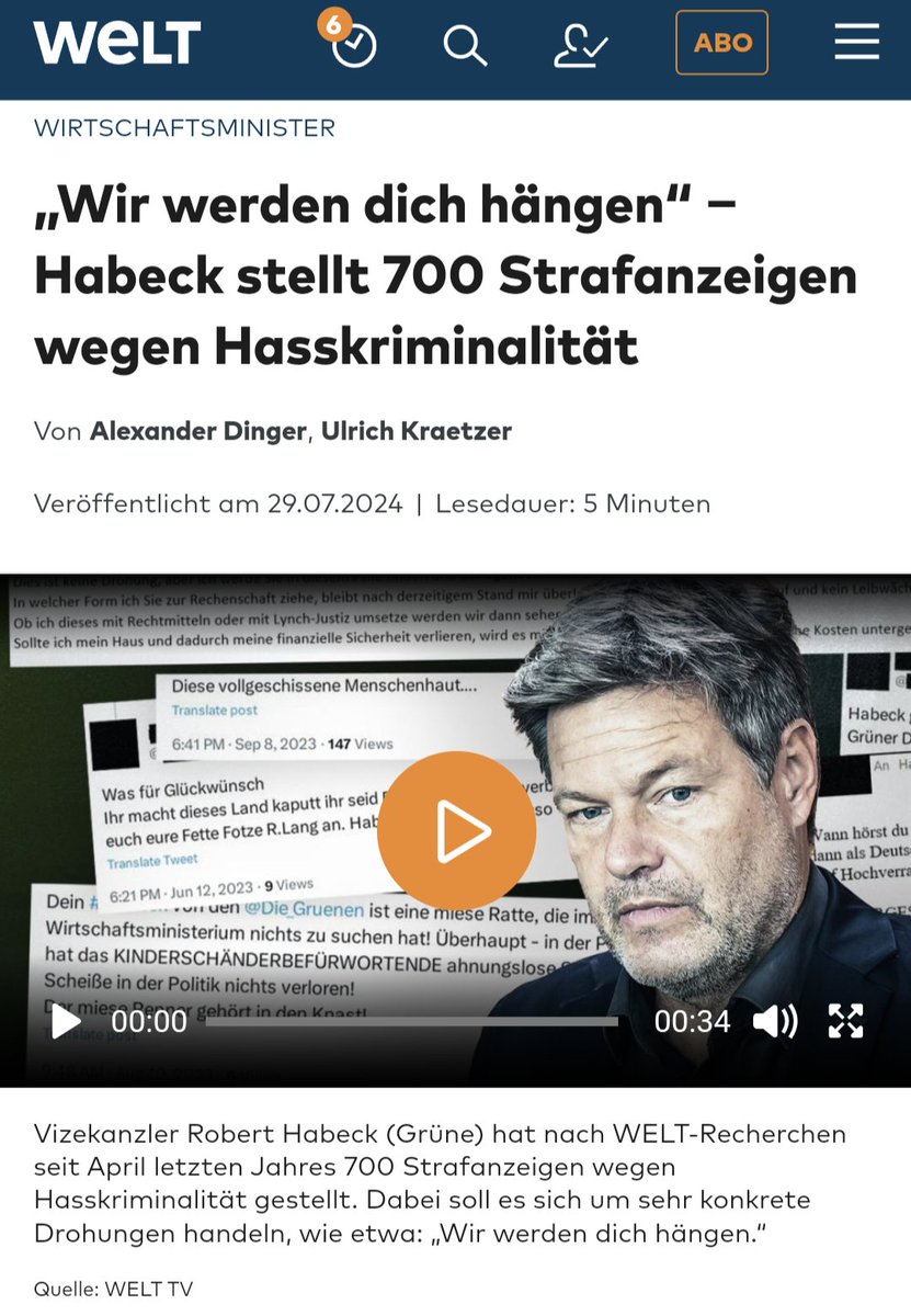 jreichelt's tweet photo. Wenn Habeck Kanzler werden will, hat das Volk ein Recht, jede dieser 700 Strafanzeigen zu kennen. Wir sollten erfahren, für welche Formulierungen und Memes Habeck neben #Schwachkopf Menschen verfolgen und ihre Wohnungen durchsuchen lassen wollte. Natürlich ist die Überschrift dramatisch gewählt, aber in diesen 700 Anzeigen werden Hunderte Fälle wie "Schwachkopf" stecken. Ein Fall mit "Idiot" ist schon nachgewiesen. Robert Habeck hat im ganzen Land die Behörden beschäftigt, um seine Kritiker zu drangsalieren, zu verfolgen und vor Gericht zu stellen. Er hat die Mentalität eines Despoten. Als ich ihn das einzige Mal in der grünen Parteizentrale traf, hatte er vor sich eine Akte über mich liegen mit Äußerungen, für die ich mich rechtfertigen sollte. Es war gespenstisch. Das Leben der Anderen mit Vitra-Stühlen und schrumpeligem Bio-Obst. Robert Habeck sollte transparent offenlegen, für welche Äußerungen er Menschen verfolgen lassen wollte. Dann können die Menschen entscheiden, ob er als Kanzlerkandidat taugt.