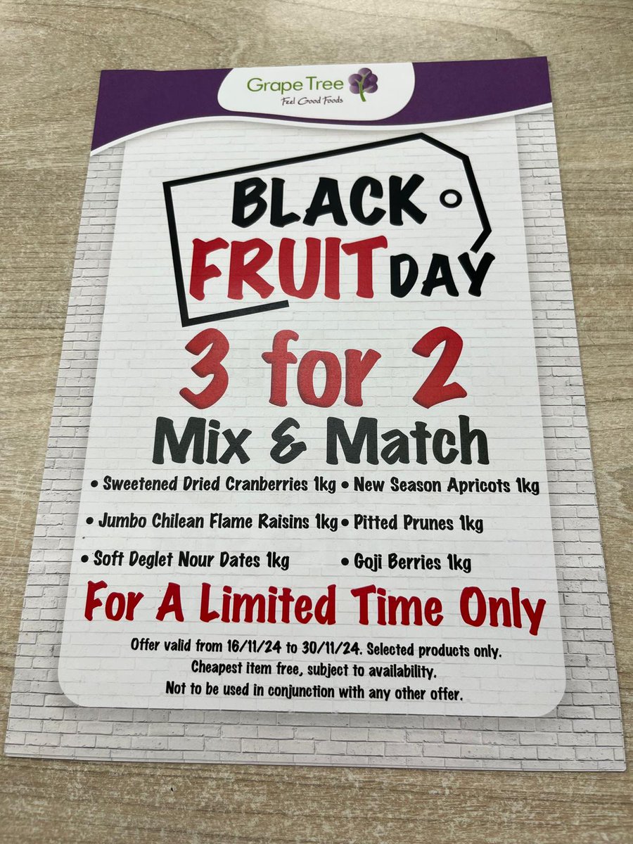 BelfryShopping's tweet photo. 🍇 Forget Black Friday, Grape Tree are running a #BlackFRUITday offer!
Grape Tree has a special offer running from today till 30/11/24 - 3 for 2 on a selection of dried fruits.
Visit them on the Lower Level to pick up some healthy snacks & festive ingredients.
#GrapeTree #Redhill https://t.co/Pyp7T689qh
