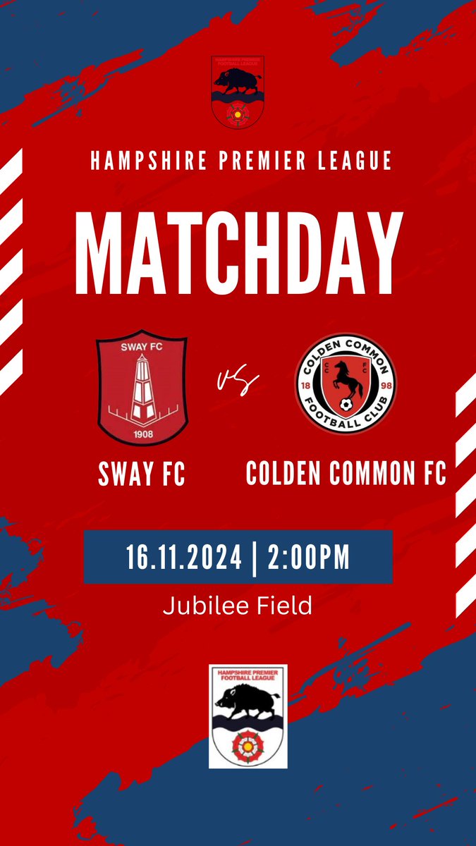 Sway Football Club (@swayclub) on Twitter photo Match Day!
Tough run of games coming up starting with top of the table Colden Common FC!
🔴⚪️ #UTS
🆚| <a href="/ColdenCommonFC/">Colden Common FC</a>
📅| Saturday 16th November
🕐| 14:00
🎖️| <a href="/HantsLeague/">uhlsport Hampshire Premier League</a>
🏟️| Jubilee Field
📍| SO41 6BE
🪙| FREE ENTRY
🍻| Bar Open
<a href="/NonLeagueFix/">NonLeagueFixtures</a> @hantsleague #LocalFootball Match Day!
Tough run of games coming up starting with top of the table Colden Common FC!
🔴⚪️ #UTS
🆚| <a href="/ColdenCommonFC/">Colden Common FC</a>
📅| Saturday 16th November
🕐| 14:00
🎖️| <a href="/HantsLeague/">uhlsport Hampshire Premier League</a>
🏟️| Jubilee Field
📍| SO41 6BE
🪙| FREE ENTRY
🍻| Bar Open
<a href="/NonLeagueFix/">NonLeagueFixtures</a> @hantsleague #LocalFootball