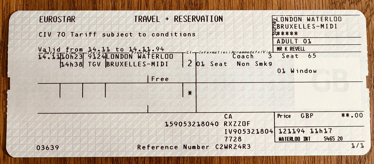 TrainManagerJo's tweet image. London Waterloo - Brussels-Midi. A ticket for the first ever commercial @eurostar service linking these cities