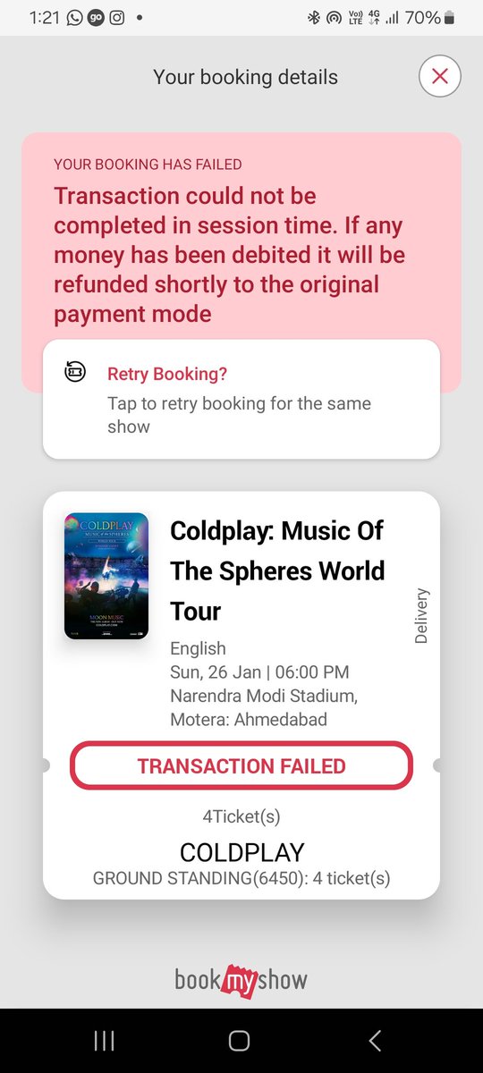 OrdinaryNikky's tweet photo. @Bookmyshow_live @bookmyshow At first the app wasn't allowing me to click on any of the payment options, then when it finally worked, my payment was said to be timed out even though we paid immediately and there were more than 2 mins on the countdown😣 @coldplay @bookmyshow https://t.co/AlEt9oigjj