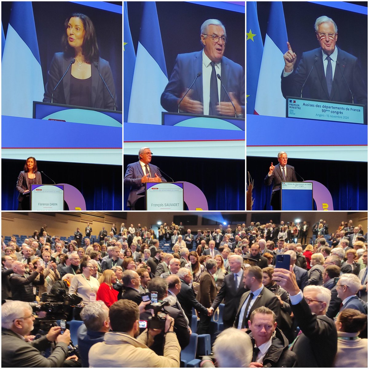 Vent debout aux #AssisesDF24 contre l'asphyxie financière des 103 départements.
La force de la douceur du <a href="/Maine_et_Loire/">Département Maine-et-Loire</a> et les annonces de fond et de forme du premier ministre ont atténué la bise mais les gros nuages persistent.