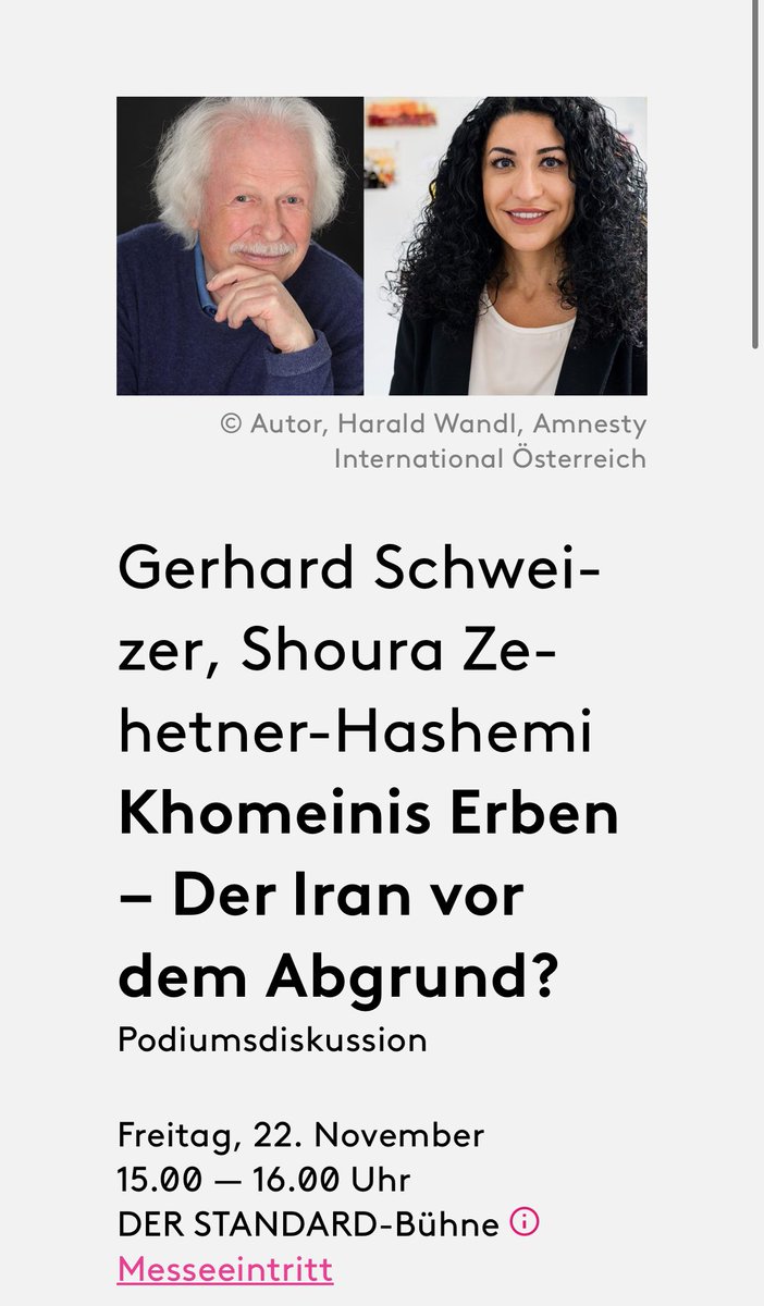Ich darf auf der diesjährigen Buch Wien  am Freitag, den 22. November mit dem Schriftsteller Gerhard Schweizer und der Standard-Journalistin <a href="/NouraMaan/">Noura Maan</a> zum Thema „Khomeinis Erben - Der Iran vor dem Abgrund?“ diskutieren. 
Gerne vorbeischauen! 
buchwien.at/programm/khome… @buch_wien
