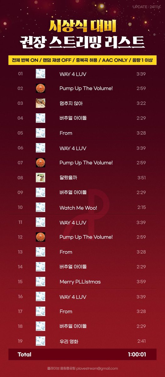 🏆 플레이브 권장 스트리밍 리스트

✔️ 전체 반복 ON / 랜덤 재생 OFF / 중복곡 허용 / ACC ONLY / 음량 1 이상

😎 멈추지 않아 원클릭 안내

멜론

Android / iOS / iPad (순서대로 모두 클릭)
1) tinyurl.com/mv748xsv
2) tinyurl.com/29z92t98
3) tinyurl.com/3h88nrsz
4)