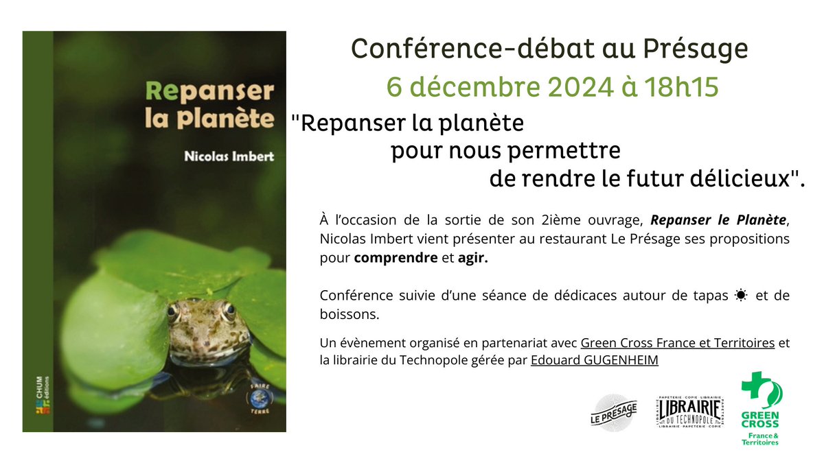Le Présage nourrit les ventres et les esprits 👍Nous accueillerons la conférence débat sur le livre "Repanser la planète" de Nicolas Imbert de @_GCFT le 6 décembre prochain à Marseille Château-Gombert 🤝