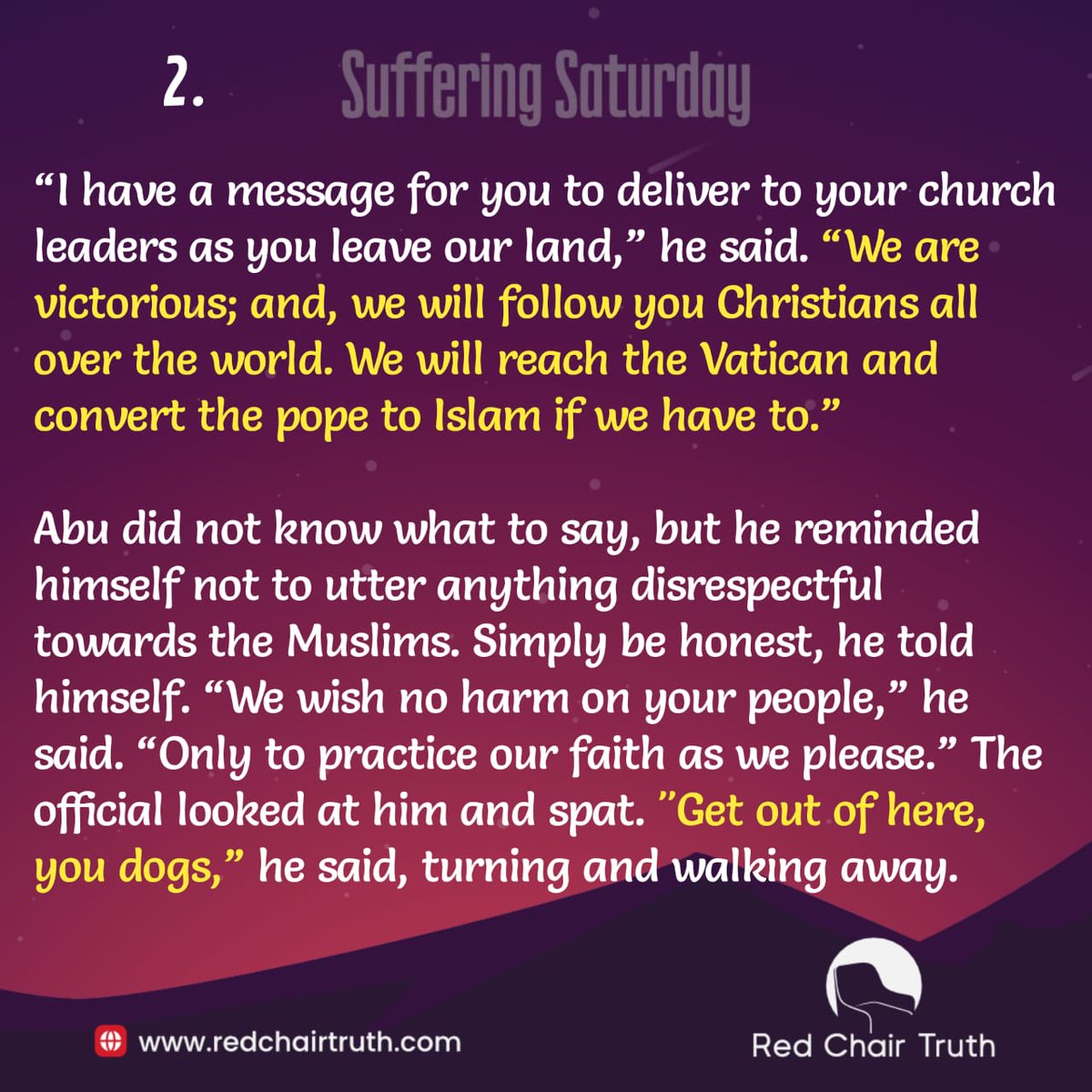 redchairtruth1's tweet photo. "Prepare to die," the ISIS official said as he pushed Abu to his knees. "Last chance - will you convert to Islam?"
Take a big-dipper down today's Suffering Saturday to discover what Abu's decision was!
#RedChairTruth #SufferingSaturday #Persecution #MartyrsofJesus #ItaUdoh https://t.co/sI2qjPiinz