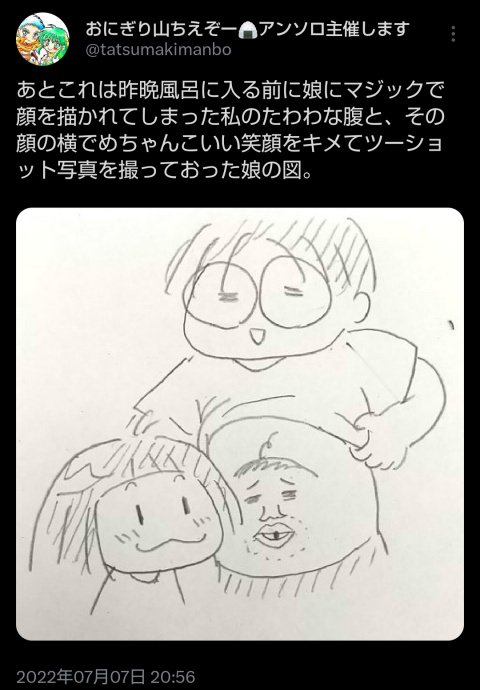 うちの娘はなぜか私の腹に顔を書くのがとても好き。 