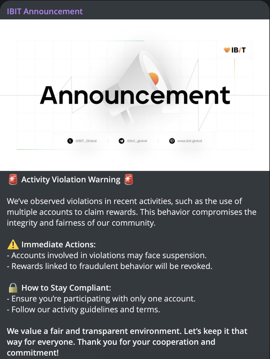 IBIT_Global's tweet image. 📢 Reward Distribution Alert!

🙅‍♂️ We’ve detected some participants using multiple accounts to claim rewards.  To ensure fairness, we only issue rewards ONCE for those multiple accounts.

👇🏼More Activity Violation Warning 
t.me/ibit_channel/2…

#CommunityIntegrity #FairPlay