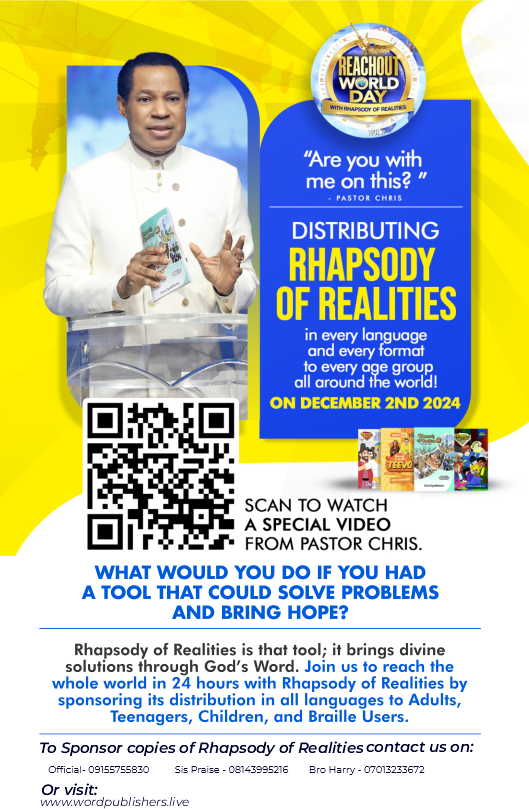wordpublisher's tweet photo. Bringing the Gospel to every corner of the world on Dec 2nd! Sponsor Rhapsody of Realities and make a lasting difference. 🙏 #ReachoutWorldDay17daystogo #Sponsorlight https://t.co/sVpgmSgNYt