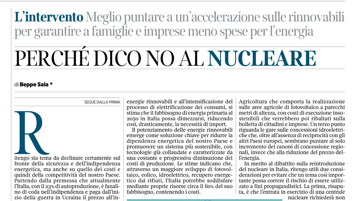 Un Sindaco razionale su #energia e #transizioneenergetica: #daleggere <a href="/BeppeSala/">Beppe Sala</a> sul <a href="/Corriere/">Corriere della Sera</a>