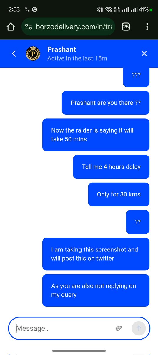 parasbhalla11's tweet photo. Unacceptable experience with @BorzoApp! Order #01058. Customer support exec Prashant unhelpful, ignored messages. Delivery person Dilshaad rude, took 4 hours for 30km delivery! Poor service. 1/5 stars. Fix this, @BorzoApp! #BorzoApp #PoorService #Order01058" https://t.co/1FRDzjNB9e