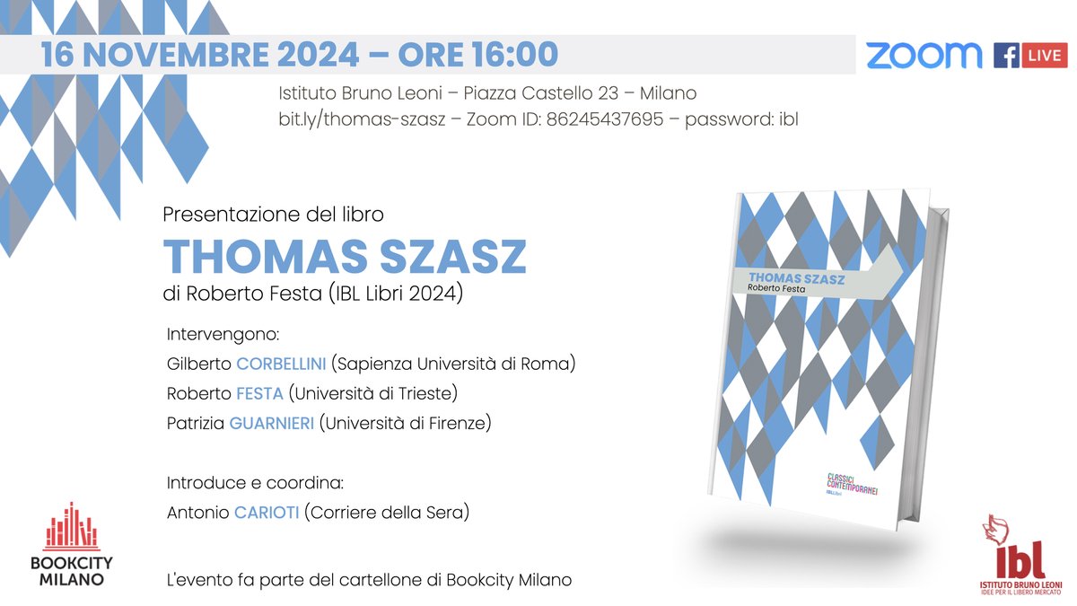 istbrunoleoni's tweet photo. 🔴Oggi ore 16:00

La presentazione di Thomas Szasz scritto da Roberto #Festa tra gli eventi di @BOOKCITYMILANO

Insieme all'autore intervengono Gilberto #Corbellini e Patrizia #Guarnieri. Coordina @A_Carioti

👇Segui la diretta
https://t.co/Ib5sEWTk0w https://t.co/OUQkOjYhKe