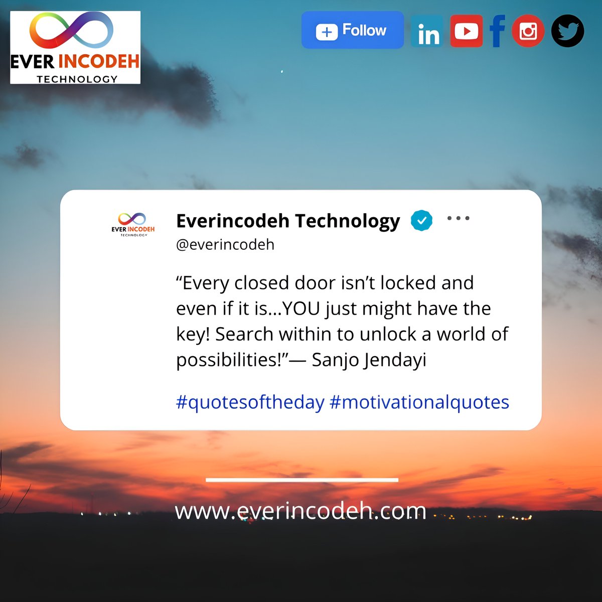 everincodeh's tweet image. “Every closed door isn’t locked and even if it is…YOU just might have the key! Search within to unlock a world of possibilities!”― Sanjo Jendayi

For all your IT needs, please contact us. 
Website: everincodeh.com 

#quotesoftheday #America #everincodehtechnology