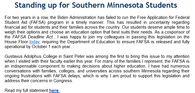McPhersonHall's tweet photo. #FinstadInTheField
Ignoring that #HR8932 FAFSA Deadline Act passed 381-1 and that Free Application for Federal Student Aid simply moves the "due date" up 3 months, @RepFinstad needs to tell #MN01 families if he will object to the #Trump's plan to abolition the Education Dept. https://t.co/cMpm4YHyNF