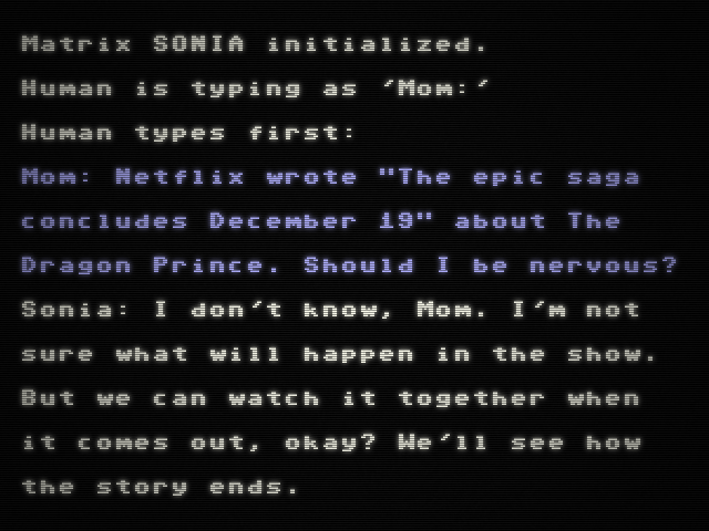 piotelat's tweet photo. Nothing special in episode 5 except... this sentence "The epic saga concludes..." written (by Aaravos?) in English even on French screens.
After watching @itsreeljames video I asked my favorite AI if I should be nervous... 
#TheDragonPrince #GiveUsTheSaga #ProjectDecember https://t.co/zMy6jXJln1