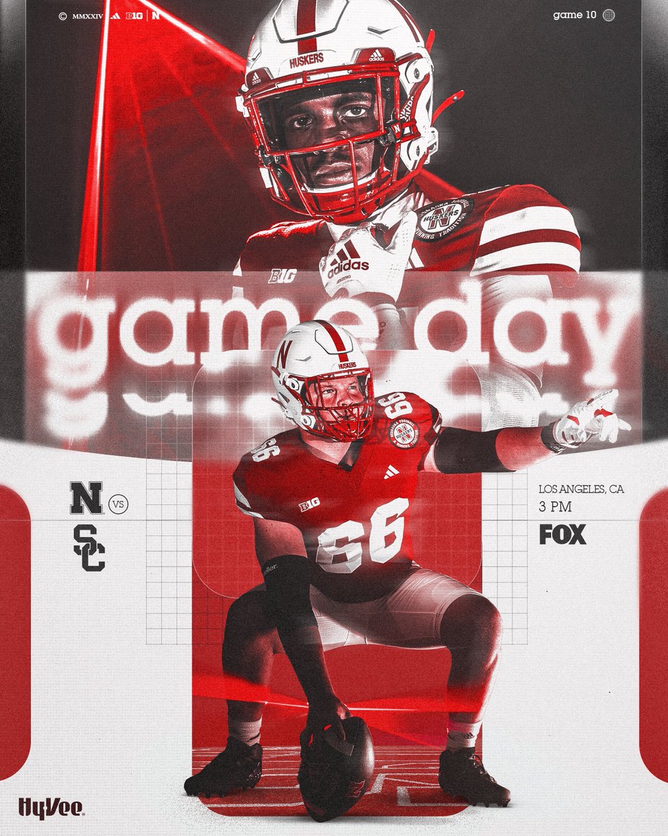 Work day out west.

🆚: USC
📍: Los Angeles, CA
⌚️: 3:00pm CT
📺: FOX
📻: <a href="/HuskersRadio/">Huskers Radio Network</a> + <a href="/SIRIUSXM/">SiriusXM</a>