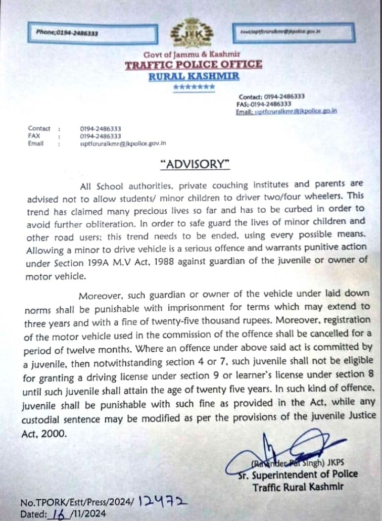 KNSKashmir's tweet photo. #KNSUPDATE👇||• Following the recent accident in #Tengpora, #Srinagar, over 300 vehicles have been seized as part of a crackdown by @Traffic_hqrs to enforce road safety rules and stricter regulations, issues Advisory for School Authorities, Private Coaching Institutes & Parents.

@JmuKmrPolice @diprjk @DivComKash @KashmirPolice @SchoolEdujkut