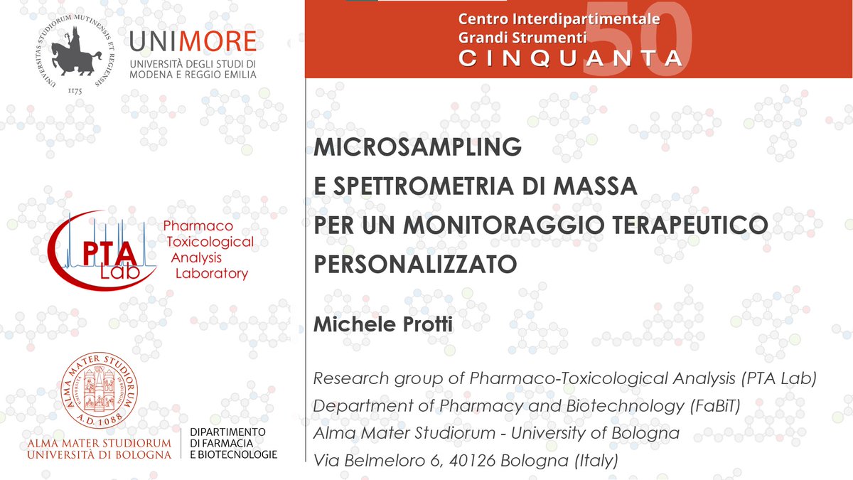 PTA_Lab's tweet image. @Michele_Protti  @PTA_Lab with a lecture on #Microsampling and #MassSpectrometry within a themed workshop hosted by #CIGS @UNIMORE_univ. Well done! 👏
@Laura_Mercolini