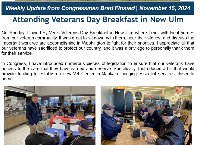 McPhersonHall's tweet photo. #FinstadInTheField
Nov 15 2024
Another #PhotoOp for #RepFinstad who has FAILED #MN01 #Vets
None of the 23 #Veterans related bills co-sponsored by @BradFinstad have been voted on by the full House
@RepFinstad "numerous" bills introduced = 4
None have had #VeteransAffiars action https://t.co/1IiGYYgciy