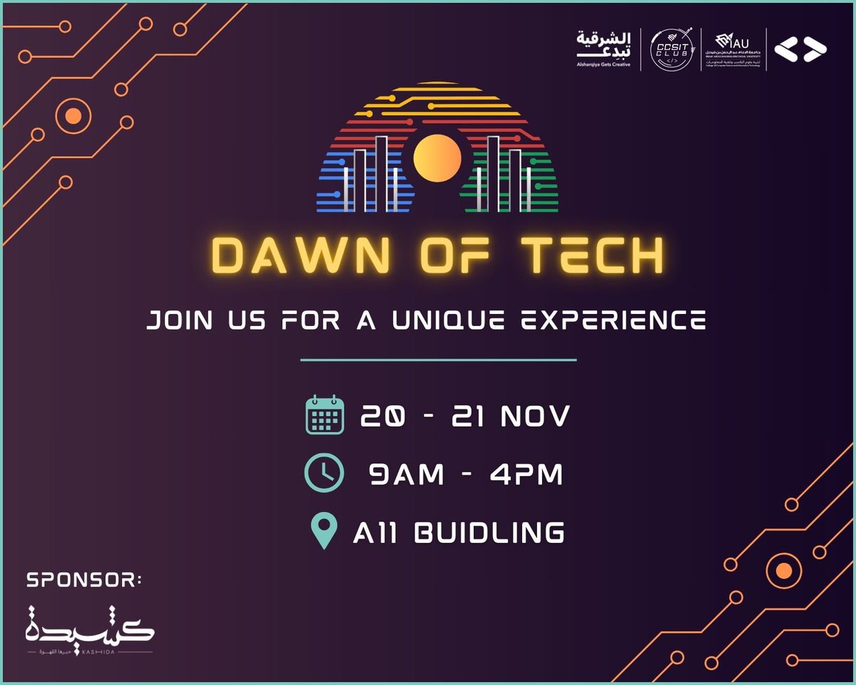 GDG_IAU's tweet photo. ✨ انضموا إلينا في فعالية فجر التقنية لاكتشاف مستقبل الابتكار والتقنيات!

سيكون بانتظاركم مجموعة متنوعة من البوثات التفاعلية، بالإضافة إلى جلسات حوارية ملهمة مع متحدثين مميزين يشاركون خبراتهم وأفكارهم الرائدة في المجال.

#GDG #CCSIT_CLUBS #IAU_CCSIT https://t.co/d55ZuU0Cah