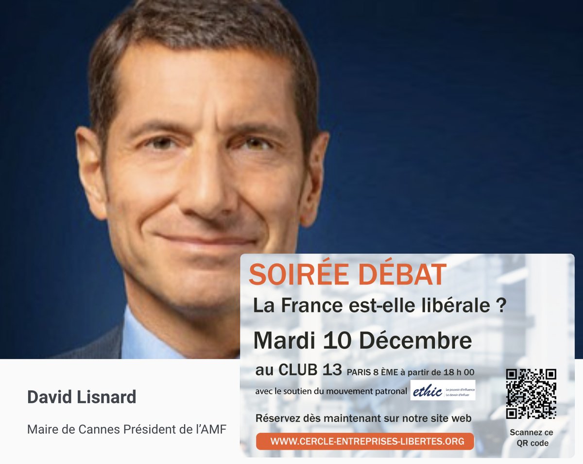 L'ÉTAT TROP-PROVIDENCE ENTRAVE-T-IL LE LIBÉRALISME ? QU'EN PENSE LE  PRÉSIDENT DES MAIRES DE FRANCE ?   

📷Mardi 10 décembre  
📷CLUB 13 - 15 av. Hoche 75008 Paris  

📷COMPLET 

Adhésion aux prochaines soirées-débats :  
cercle-entreprises-libertes.org