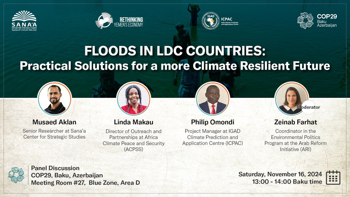 🚨 Today: Floods in LDC Countries🚨
Join our panel at@COP29_AZ to learn about bootstrapped early warning systems, indigenous flood management techniques, and other practical solutions to mitigate the damage of flash floods. 
📍Location: Meeting Room 27, Blue Zone. Area D
🌐Baku,