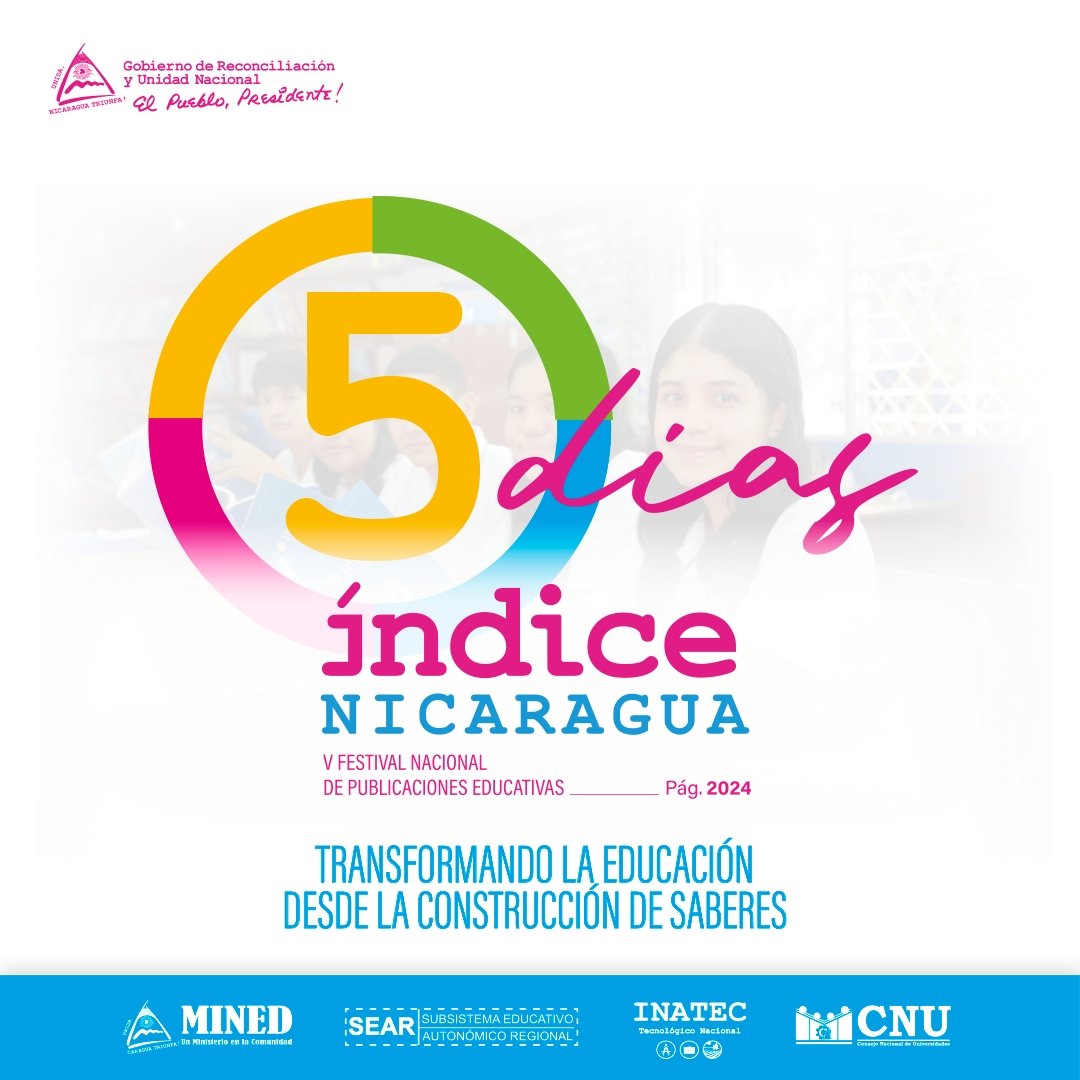 ¡Estamos a 5 días de iniciar el V Festival Nacional de Publicaciones Educativas, Índice Nicaragua, pág. 2024! 🔴🟡🟢

¡Participa con nosotros!

#ÍndiceNicaragua2024
#BendicionesyVictorias