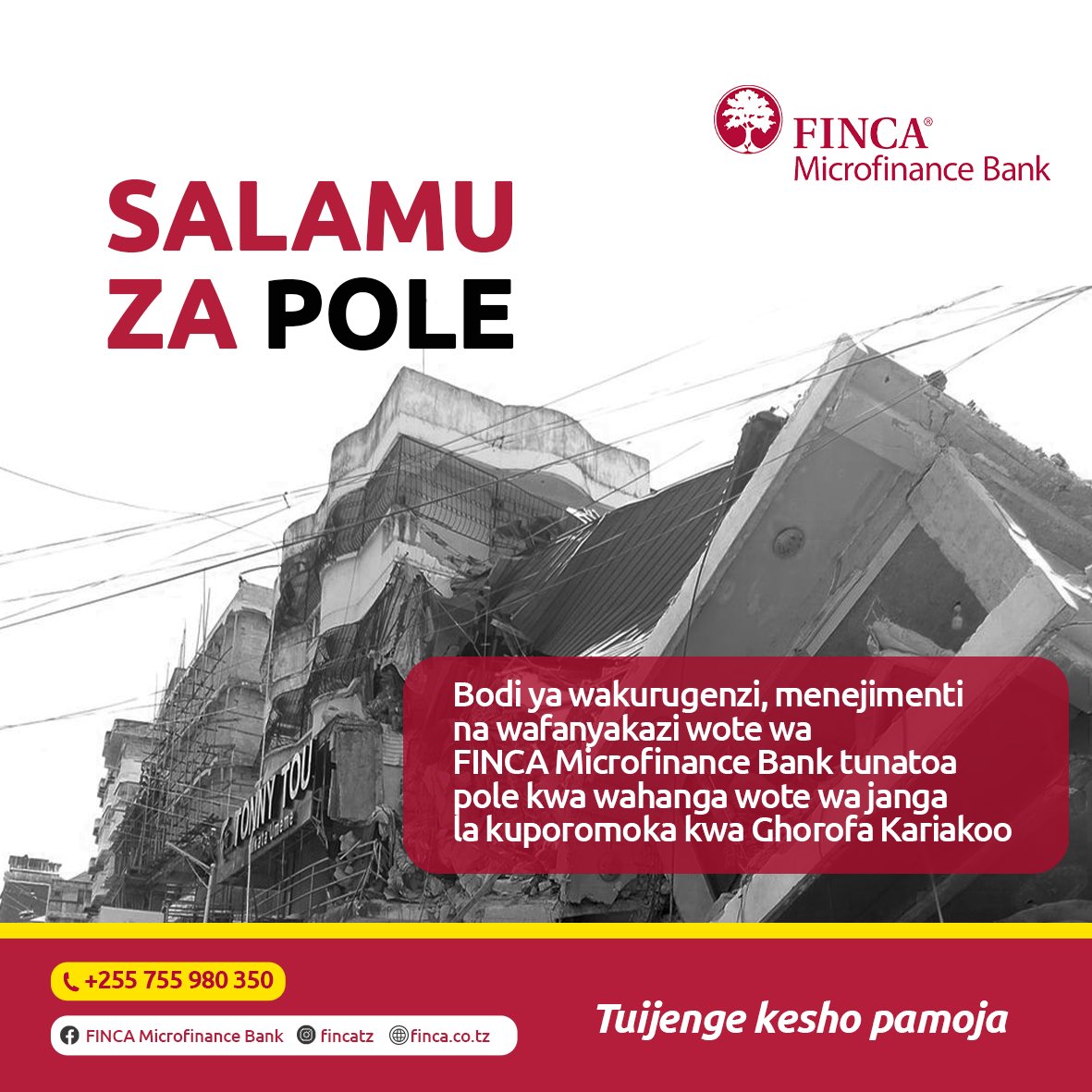 Tunaungana na watanzania wote katika wakati huu mgumu. Na wakati tukiwaombea wahanga wote wa janga hili, Endelea kubaki salama.

#fincatanzania