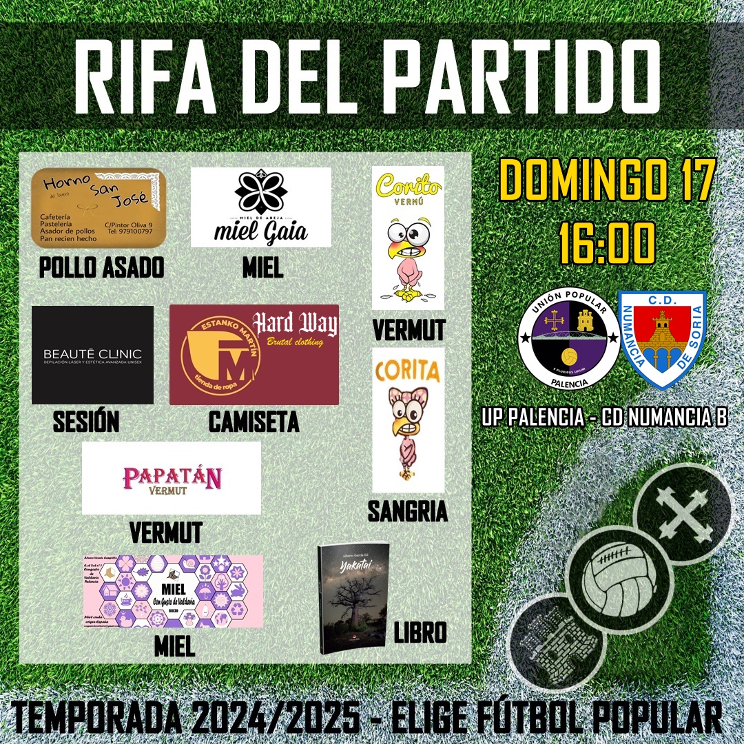 ⚽️JORNADA 10⚽️

Mañana disputamos la décima jornada de liga, recibimos en el Sergio Asenjo al CD Numancia "B". El equipo intentará conseguir los 3 puntos.
Como cada partido en casa, contaremos con una gran rifa gracias a nuestros colaboradores.

#eligefutbolpopular #Temporada2425