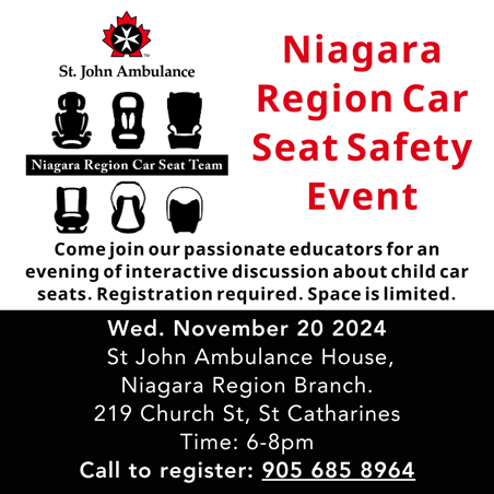 The Niagara St. John Ambulance Car Seat Safety Team will be hosting a Car Seat Clinic on Wednesday, November 20th at 219 Church St, in St. Catharines. 

For full details, and to register visit: bit.ly/4i1tHx0#