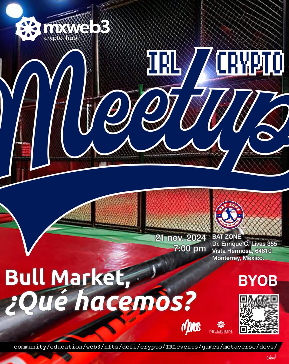 mxweb3's tweet image. mxweb3 IRL crypto meetup 
21 nov. 2024
7:00 pm

Bull Market
¿Qué hacemos?

BYOB
BAT ZONE
Dr. Enrique C. Livas 355
Vista hemos,64610
Monterrey, México.

#mxweb3