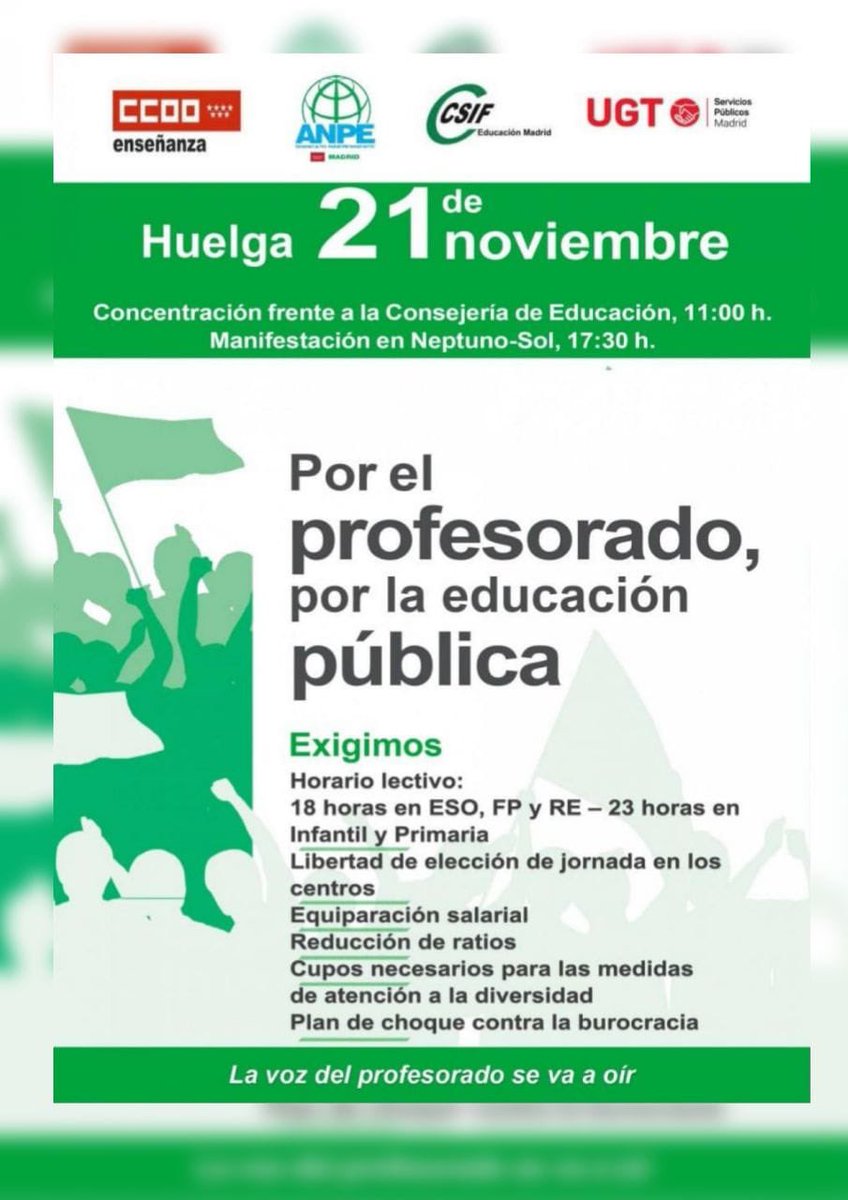 EducaPodemosCMa's tweet photo. 🟪 🟢 @Podemos_CMad apoyamos la Huelga y las acciones convocadas por la #EducaciónPública.

El 21N, a las 17:30h, volvemos a las calles para defender las reivindicaciones de los docentes de la pública y de las educadoras y personal laboral de EI de gestión indirecta y privada! https://t.co/4bgPdrAmiX