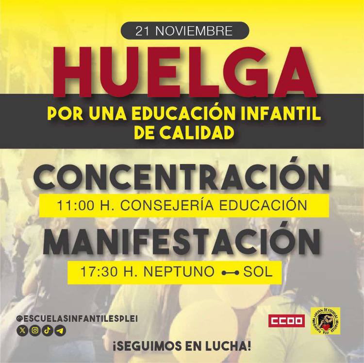EducaPodemosCMa's tweet photo. 🟪 🟢 @Podemos_CMad apoyamos la Huelga y las acciones convocadas por la #EducaciónPública.

El 21N, a las 17:30h, volvemos a las calles para defender las reivindicaciones de los docentes de la pública y de las educadoras y personal laboral de EI de gestión indirecta y privada! https://t.co/4bgPdrAmiX