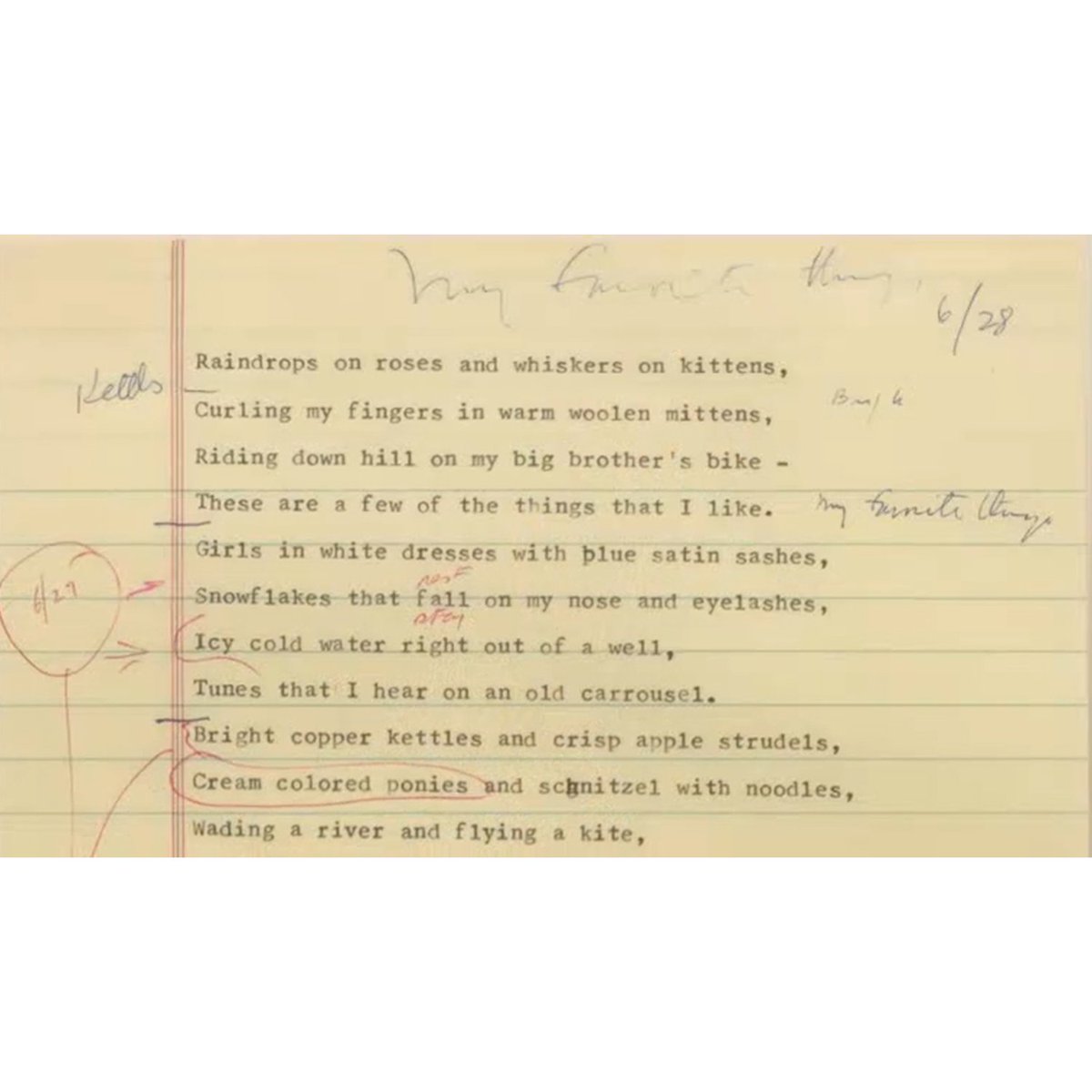 librarycongress's tweet photo. On this day in 1959, "The Sound of Music" premiered on Broadway. The Library's Music Division is home to Oscar Hammerstein’s lyric sheets, which show us how his first draft of "My Favorite Things" evolved to become the song we know and love today.
https://t.co/RCCrz2KiBK https://t.co/B9hI03G5R2