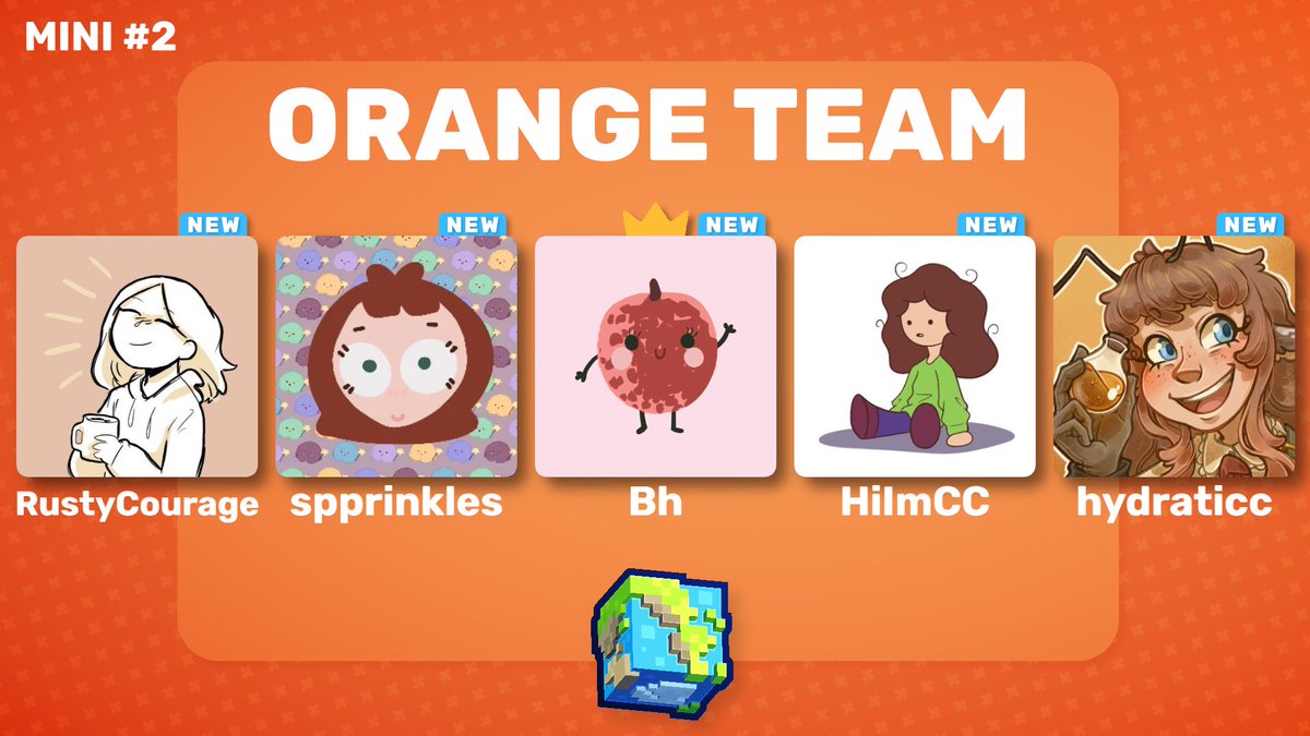 🍊 Introducing: Orange Team

<a href="/rusty_courage/">Rusty</a>  spprinkles  Bh  <a href="/DrawnbyCC/">HiImCC</a>  @kaleidohydra 

Watch them compete in BiomeBattle Mini #2
24/11/24 - 7:00pm BST