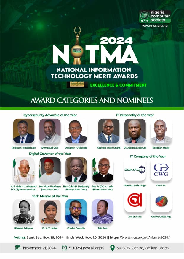 NigeriaComputer's tweet image. ✨ 5 Days to Go!
🎉 Your vote matters at #NITMAwards2024!
🌟 Cast your vote for the People’s Choice Award &amp;amp; celebrate tech innovators shaping Nigeria’s future.
📅 Nov 21 | MUSON Centre, Lagos | 5 PM

#NCS #TechImpact #DigitalNigeria #TechTrailblazers