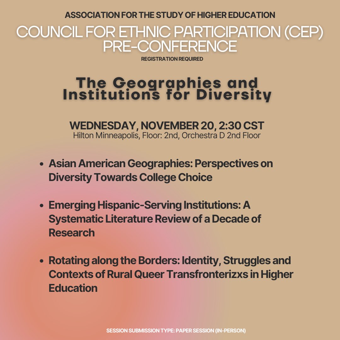 Council for Ethnic Participation (CEP) (@ashe_cep) on Twitter photo The countdown continues for our CEP Pre-Conference, Beyond Academia's Canvas: How Scholars of Color Reimagine the Academy
Check out the flyers for details on our third time block ✨ #CEP2024 #ASHE2024 The countdown continues for our CEP Pre-Conference, Beyond Academia's Canvas: How Scholars of Color Reimagine the Academy
Check out the flyers for details on our third time block ✨ #CEP2024 #ASHE2024