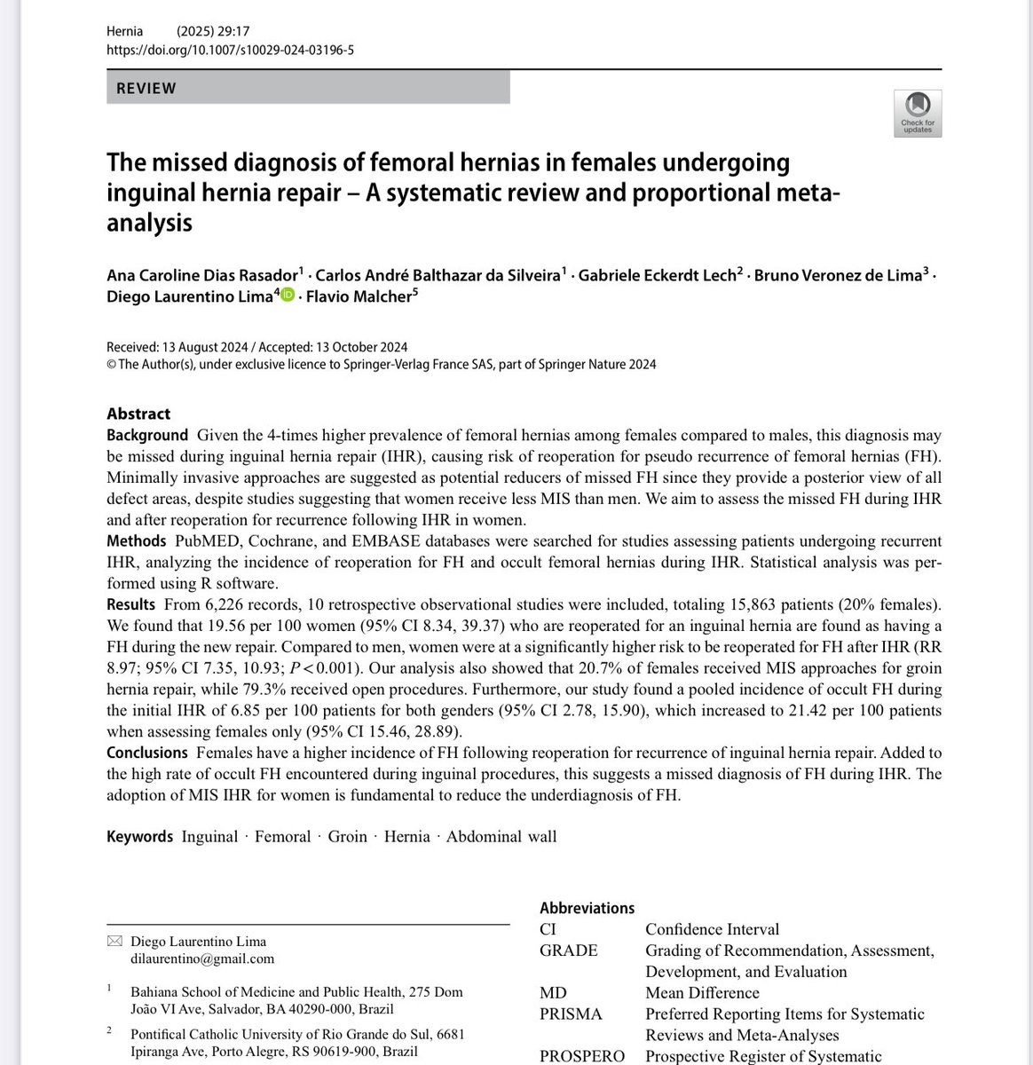 Diego Lima, MD MSc (@dilaurentino) on Twitter photo Hot out of the oven 🔥 👨🍳 our manuscript just published at Hernia journal. The importance of the right diagnosis of femoral hernias on women. This manuscript won an award during the last AHS meeting in Chicago. Congratulations to <a href="/acrasador/">Ana Caroline Rasador, MD</a> for the hard work along side <a href="/Lech_GE/">Gabriele Lech</a> Hot out of the oven 🔥 👨🍳 our manuscript just published at Hernia journal. The importance of the right diagnosis of femoral hernias on women. This manuscript won an award during the last AHS meeting in Chicago. Congratulations to <a href="/acrasador/">Ana Caroline Rasador, MD</a> for the hard work along side <a href="/Lech_GE/">Gabriele Lech</a>