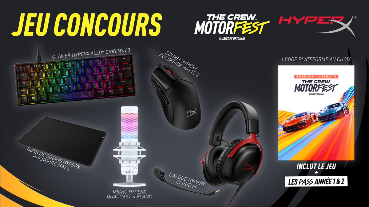 UbisoftFR's tweet image. JEU CONCOURS 🎁 L'Année 2 de The Crew Motorfest est là ! 🏝️
On vous fait gagner le pack parfait pour en profiter avec un jeu Édition Ultimate et les accessoires gaming HyperX ! 🎧

❤️🔄 Liker + RT ce post
✅ S'abonner à @TheCrewFR et @HyperXFrance

TAS le 22/11
