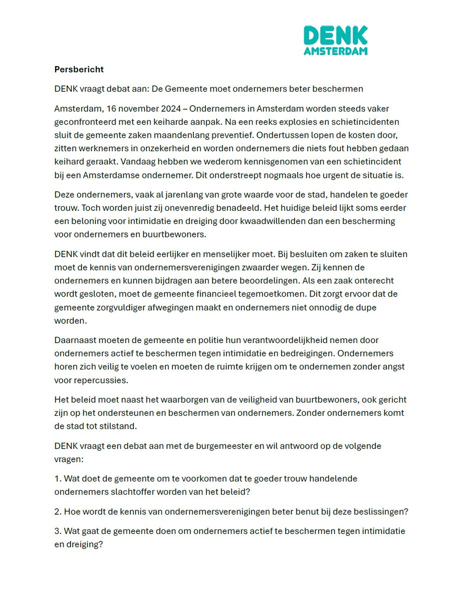 Amsterdam moet haar ondernemers beter beschermen!

Wederom een schietincident bij een ondernemer in onze stad. Het huidige beleid faalt: onterechte sluitingen, onvoldoende bescherming tegen intimidatie. DENK eist actie en vraagt een debat aan met de burgemeester.
👇