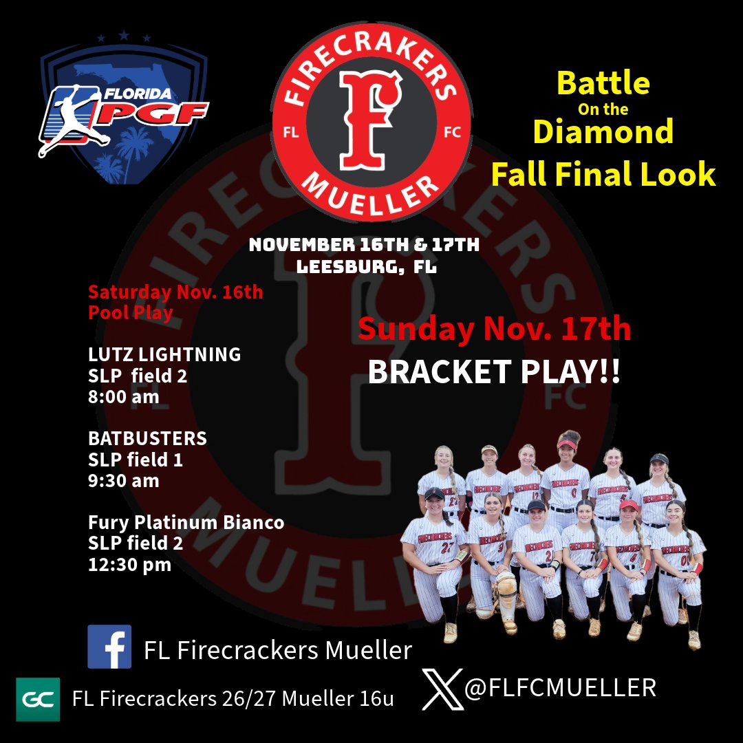 Back at it this weekend Florida PGF Media Network  Battle On the Diamond - Fall Final Look Showcase. Catch all the action at

FL FIRECRACKERS MUELLER 26/27 16U on GameChanger
 web.gc.com/teams/FKhxuRO1…

 #firecrackersoftball #firecrackers #flfirecracker