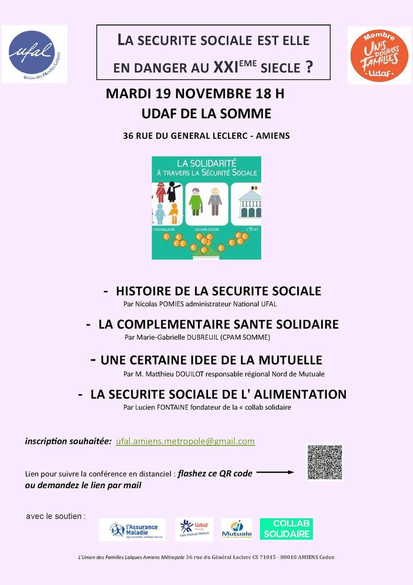 “📢 Rendez-vous mardi 19 novembre à 18h à l’UDAF de la Somme (#Amiens ) pour débattre de la Sécurité Sociale et de la @SocialeAlim . 🌱 J’interviendrai en tant que fondateur du @amienois_marche pour porter notre vision d’une solidarité alimentaire renforcée. Inscription :