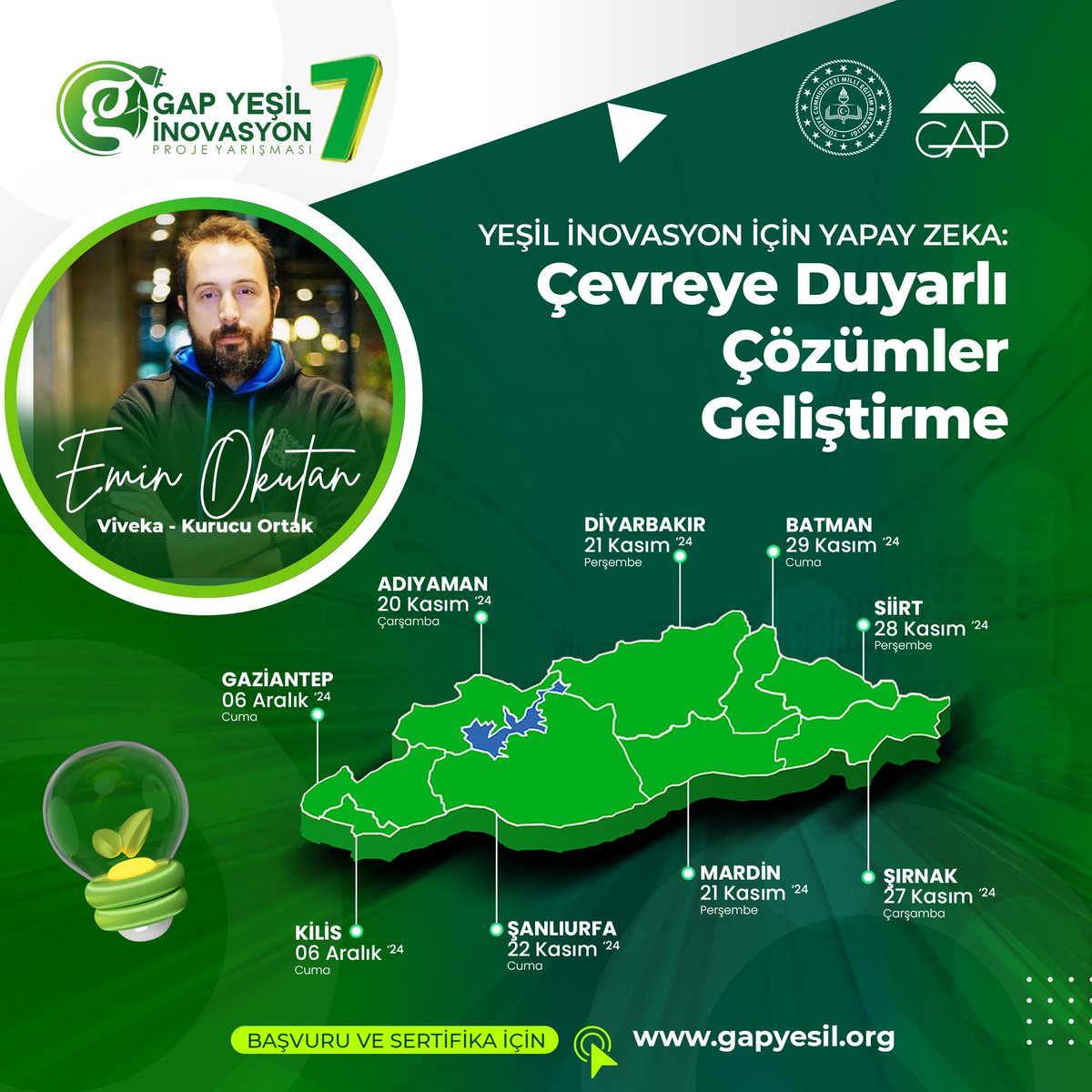 Gap Yeşil İnovasyon Proje Yarışması (@gapyesil) on Twitter photo 🔋 Projemiz kapsamında GAP illerinde gerçekleştirilecek olan seminerlerimiz başlıyor.
🍃Çevreye Duyarlı Çözümler Geliştirme
🎙Emin OKUTAN | VİVEKA - Kurucu Ortak
📎Başvuru ve Sertifika İçin
gapyesil.org
#gapyeşil #inovasyon #yapayzeka #çevre #ekoloji <a href="/gap_idaresi/">GAP İdaresi</a> 🔋 Projemiz kapsamında GAP illerinde gerçekleştirilecek olan seminerlerimiz başlıyor.
🍃Çevreye Duyarlı Çözümler Geliştirme
🎙Emin OKUTAN | VİVEKA - Kurucu Ortak
📎Başvuru ve Sertifika İçin
gapyesil.org
#gapyeşil #inovasyon #yapayzeka #çevre #ekoloji <a href="/gap_idaresi/">GAP İdaresi</a>