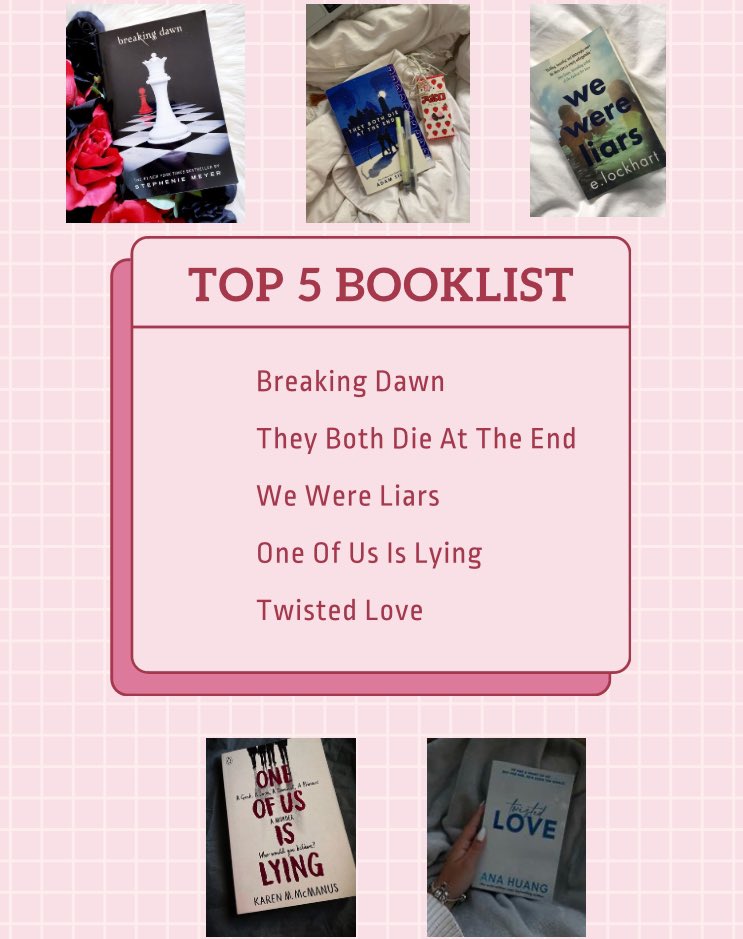 Recommendspot's tweet photo. My Top 5 Book Recommendations 

#BookRecommendations #breakingdawn #theybothdieattheend #wewereliars #oneofusislying #twistedlove https://t.co/nnv66Mq3jZ