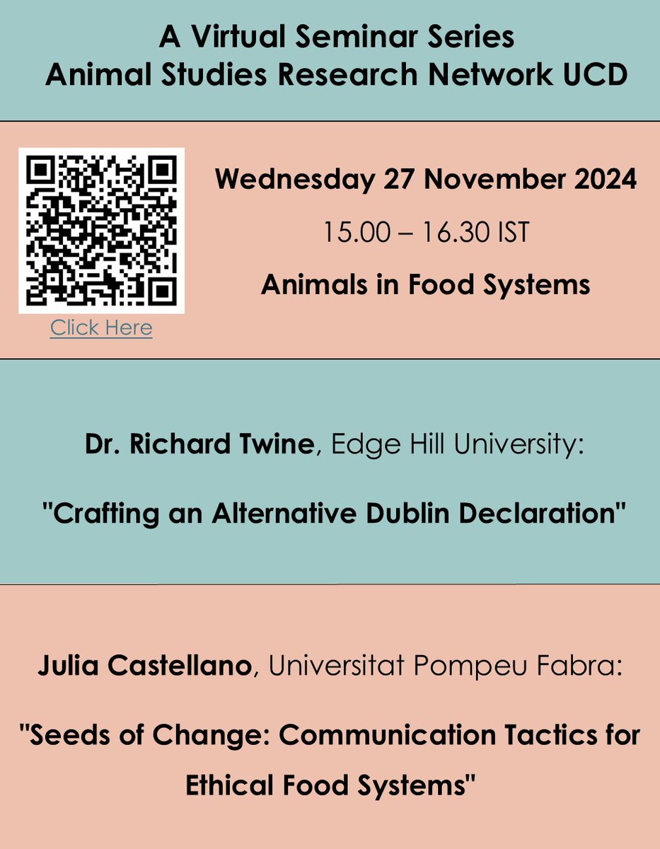 🐾 Join us for the 3rd virtual seminar in our Animal Studies Series on Nov 27 at 3pm GMT! Featuring <a href="/richardtwine/">Bob</a>  &amp; Julia Castellano as they explore animals in food systems. Don't miss out on this insightful discussion! Registration &amp; more info here: animalstudiesucd.com